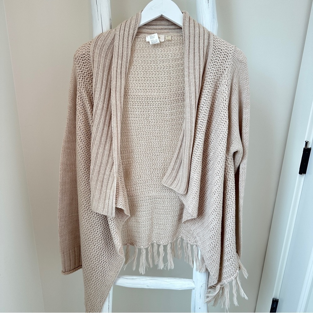 RD Style Cream Ribbed Knit Open Front Cardigan Sweater with Fringe Bottom - Picture 8 of 13